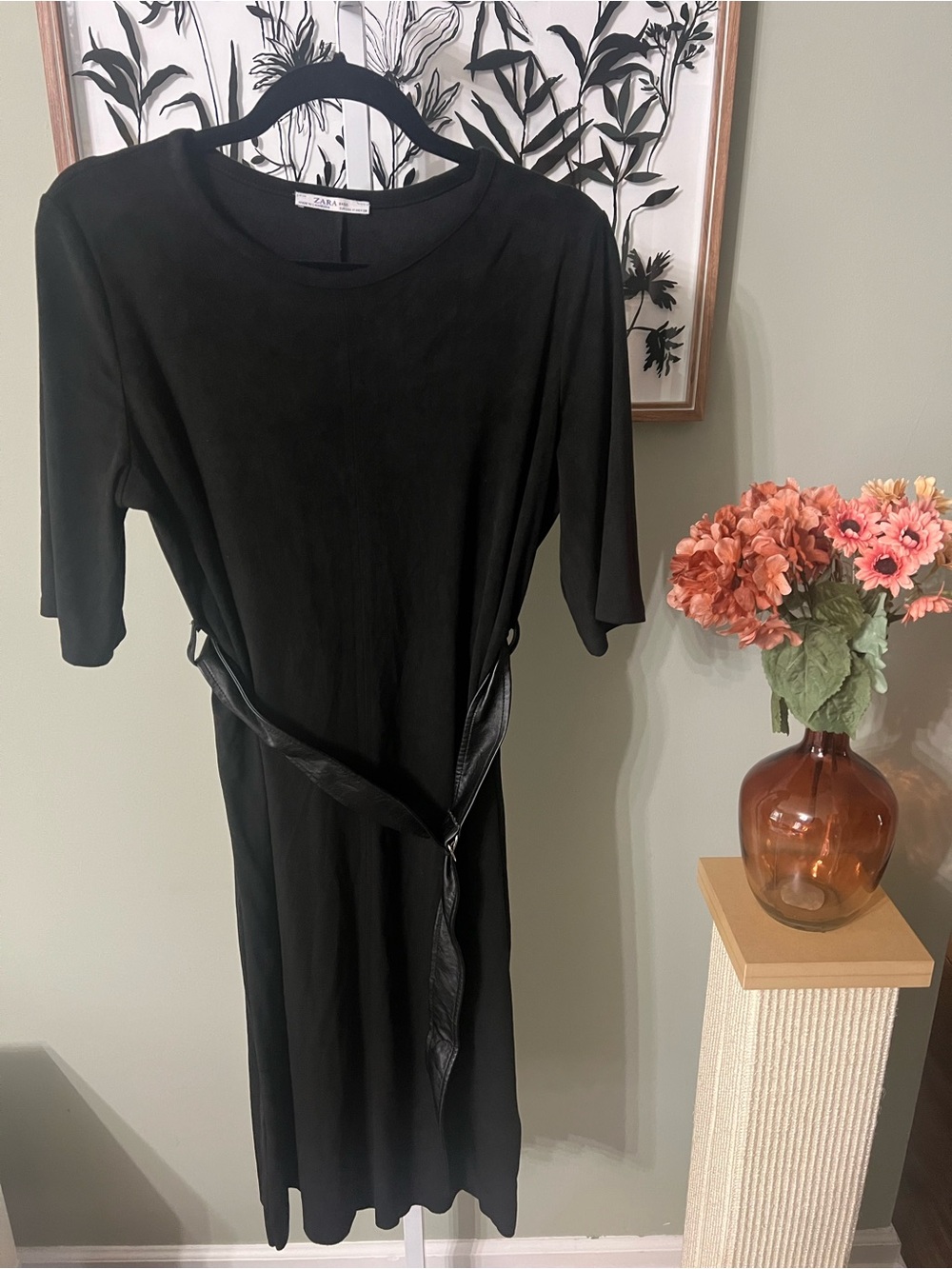 ZARA Basic Belted Black Faux Stretch Suede Dress 3/4 Length Sleeve Size Medium